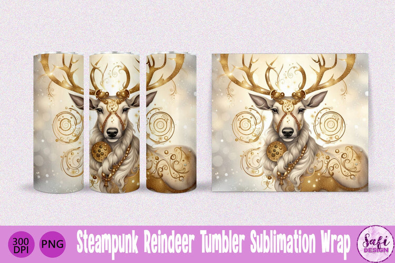 Steampunk Gold Reindeer Skinny Tumbler Sublimation Wrap Sublimation Safi Design 