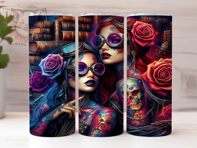 Steampunk Gothic Skull Tumbler, Gothic Skull Roses Wrap, Tattoo Art Cup, 20oz Sublimation Wrap, Stylish Steampunk Design Tumbler, Artistic Gothic Tattoo Cup, Dark Rose Skull Wrap Sublimation Lara' s Designs 
