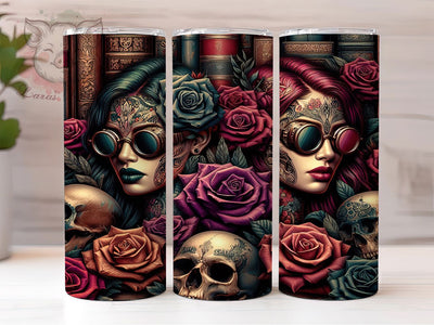 Steampunk Gothic Skull Tumbler, Gothic Skull Roses Wrap, Tattoo Art Cup, 20oz Sublimation Wrap, Stylish Steampunk Design Tumbler, Artistic Gothic Tattoo Cup, Dark Rose Skull Wrap Sublimation Lara' s Designs 