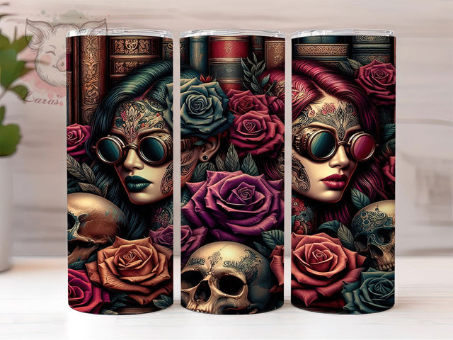 Steampunk Gothic Skull Tumbler, Gothic Skull Roses Wrap, Tattoo Art Cup, 20oz Sublimation Wrap, Stylish Steampunk Design Tumbler, Artistic Gothic Tattoo Cup, Dark Rose Skull Wrap Sublimation Lara' s Designs 