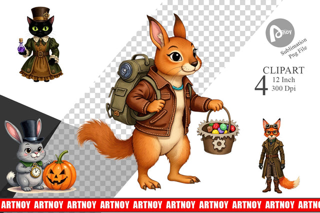 Steampunk Halloween Animals Clipart Sublimation artnoy 