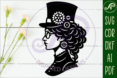 Steampunk Lady profile laser cut wall sign SVG APInspireddesigns 