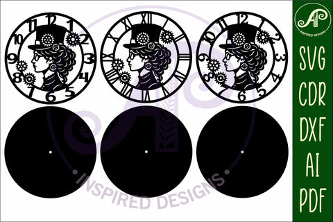 Steampunk lady wall clock laser cut SVG files - digital download steam punk clock design SVG APInspireddesigns 