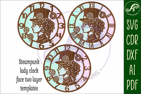 Steampunk lady wall clock laser cut SVG files - digital download steam punk clock design SVG APInspireddesigns 