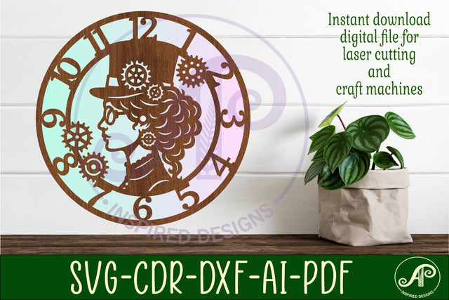 Steampunk lady wall clock laser cut SVG files - digital download steam punk clock design SVG APInspireddesigns 