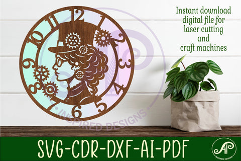 Steampunk lady wall clock laser cut SVG files - digital download steam punk clock design SVG APInspireddesigns 