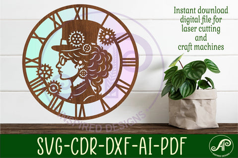 Steampunk lady wall clock laser cut SVG files - digital download steam punk clock design SVG APInspireddesigns 