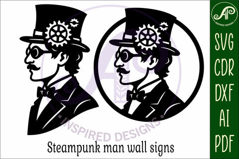 Steampunk man profile laser cut wall sign SVG APInspireddesigns 