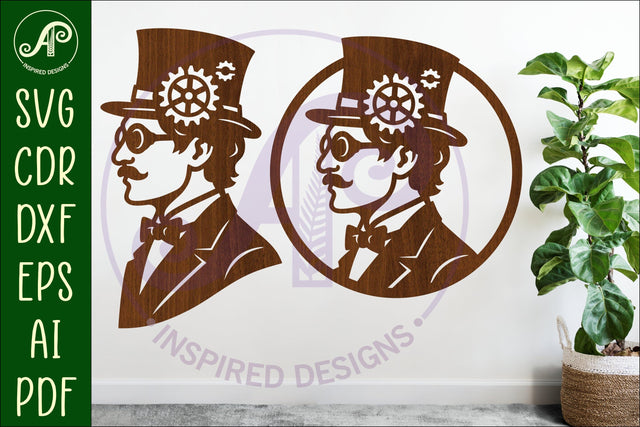 Steampunk man profile laser cut wall sign SVG APInspireddesigns 