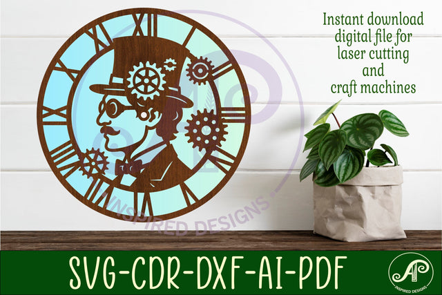 Steampunk man wall clock laser cut files SVG APInspireddesigns 