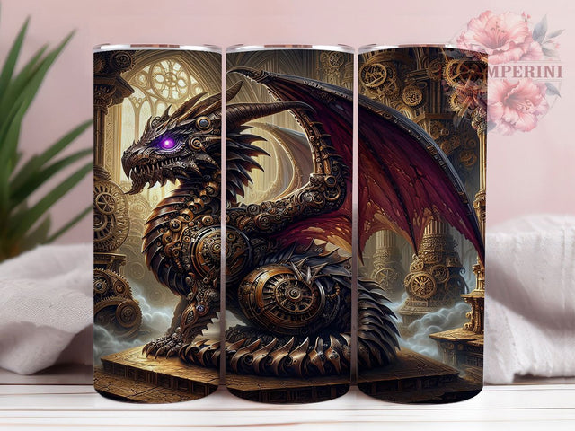 Steampunk Mechanical Dragon Tumbler, Gothic Mechanical Dragon Wrap, Clockwork Creature Sublimation PNG, Industrial Fantasy Aesthetic, 20oz Tumbler Sublimation, Gear & Cog Dragon Design, Dark Fantasy Steampun Sublimation Li Zamperini 