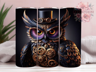 Steampunk Mechanical Owl Tumbler, Gothic Owl Wrap, Mechanical Owl Cup, 20oz Sublimation Wrap, Stylish Steampunk Design Tumbler, Artistic Owl Gear Cup, Fantasy Steampunk Theme Wrap Sublimation Li Zamperini 