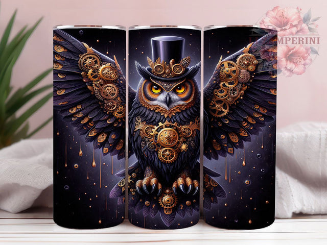 Steampunk Mechanical Owl Tumbler, Gothic Owl Wrap, Mechanical Owl Cup, 20oz Sublimation Wrap, Stylish Steampunk Design Tumbler, Artistic Owl Gear Cup, Fantasy Steampunk Theme Wrap Sublimation Li Zamperini 