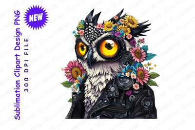 Steampunk Owl In Leather Jacket With Flowers Sublimation Regulrcrative 