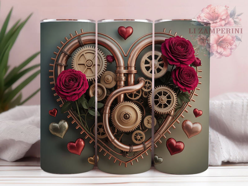 Steampunk Roses Heart Tumbler, Roses and Gears Wrap, Romantic Steampunk Cup, 20oz Sublimation Wrap, Stylish Valentine Design Tumbler, Artistic Steampunk Love Cup, Gothic Industrial Theme Wrap Sublimation Li Zamperini 