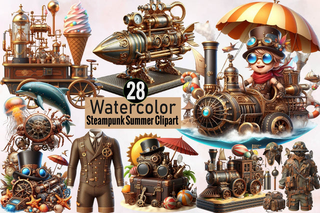 Steampunk Summer Clipart Bundle Sublimation SVGArt 