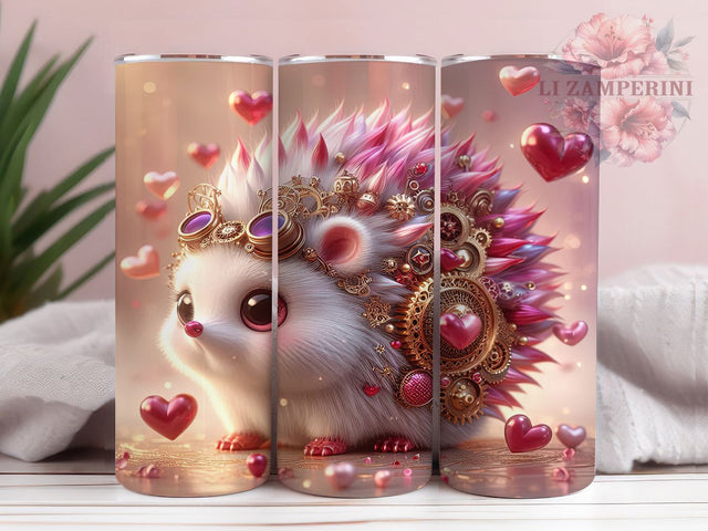 Steampunk Valentine Hedgehog Tumbler, Valentine Gear Pattern, Romantic Steampunk Design, 20Oz Sublimation Wrap, Quirky Hedgehog Art, Mechanical Love Texture, Tumbler Sublimation Sublimation Li Zamperini 