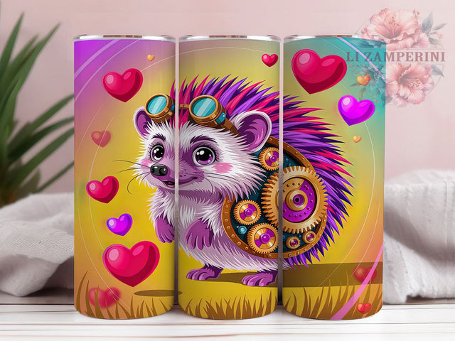 Steampunk Valentine Hedgehog Tumbler, Valentine Gear Pattern, Romantic Steampunk Design, 20Oz Sublimation Wrap, Quirky Hedgehog Art, Mechanical Love Texture, Tumbler Sublimation Sublimation Li Zamperini 