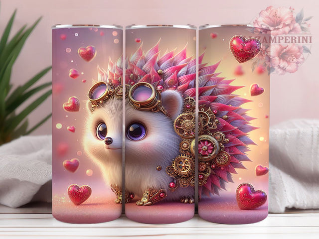 Steampunk Valentine Hedgehog Tumbler, Valentine Gear Pattern, Romantic Steampunk Design, 20Oz Sublimation Wrap, Quirky Hedgehog Art, Mechanical Love Texture, Tumbler Sublimation Sublimation Li Zamperini 
