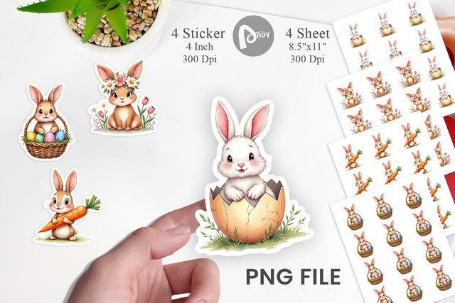 Sticker Adorable Fluffy Easter Bunnies Watercolor Sublimation artnoy 