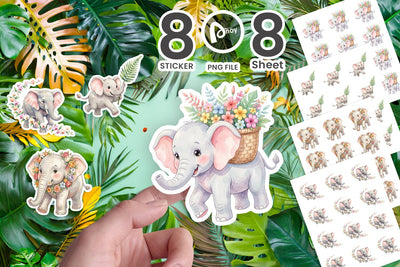 Sticker Baby Elephant Floral Parade Watercolor Sublimation artnoy 