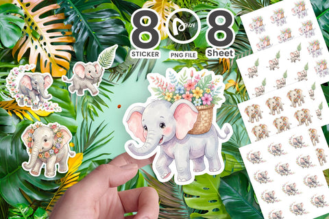Sticker Baby Elephant Floral Parade Watercolor Sublimation artnoy 