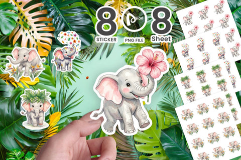 Sticker Baby Elephant Floral Parade Watercolor Sublimation artnoy 