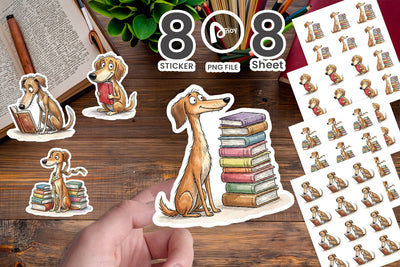 Sticker Bibliophile Dog Book Stack Watercolor Sublimation artnoy 