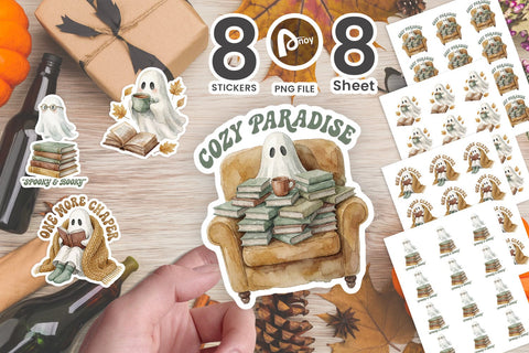 Sticker Bookish Ghost Cozy Autumn Watercolors Sublimation artnoy 