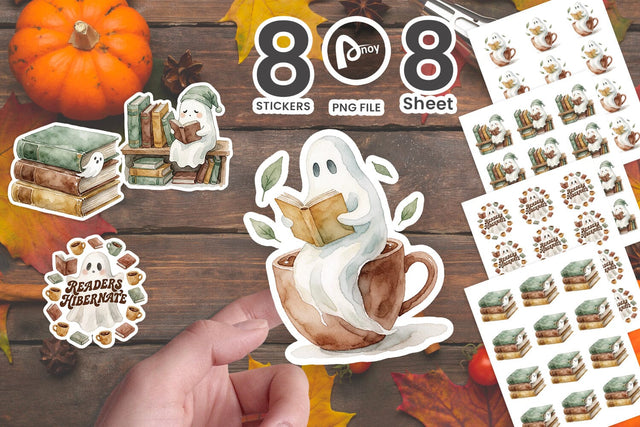 Sticker Bookish Ghost Cozy Autumn Watercolors Sublimation artnoy 