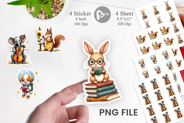 Sticker Brainy Buddies Scholarly Animals Watercolor Sublimation artnoy 