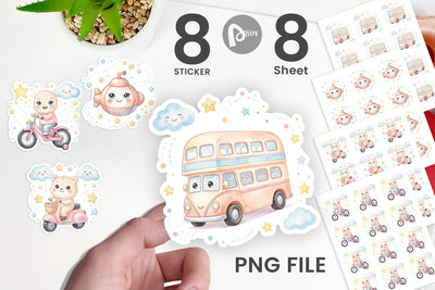 Sticker Cheerful Nursery Vehicle Watercolor Sublimation artnoy 