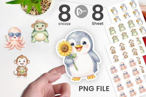 Sticker Cheerful Summer Animals Watercolor Sublimation artnoy 