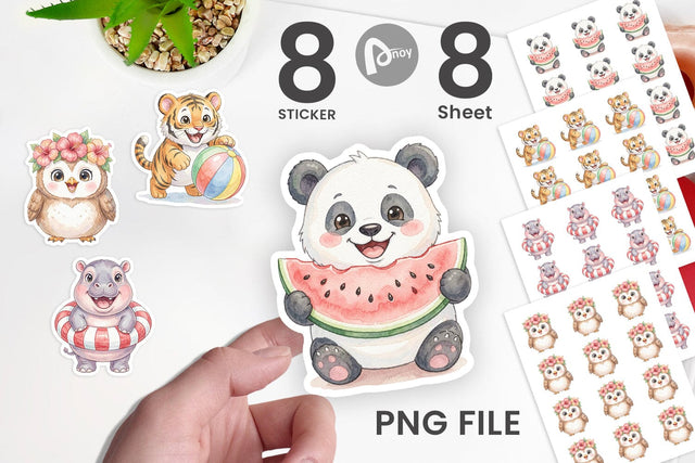 Sticker Cheerful Summer Animals Watercolor Sublimation artnoy 