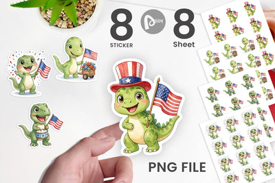 Sticker Chibi Patriotic Parade Dino Watercolor Sublimation artnoy 