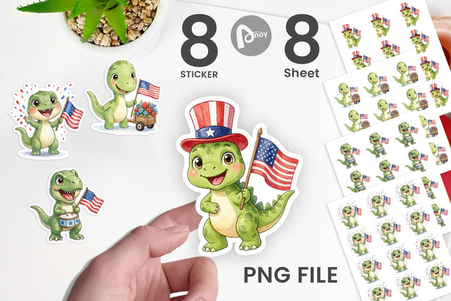 Sticker Chibi Patriotic Parade Dino Watercolor Sublimation artnoy 