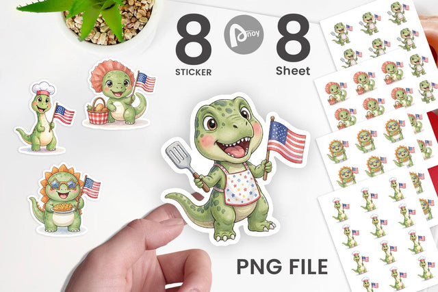 Sticker Chubby BBQ Dino Patriotic Watercolor Sublimation artnoy 