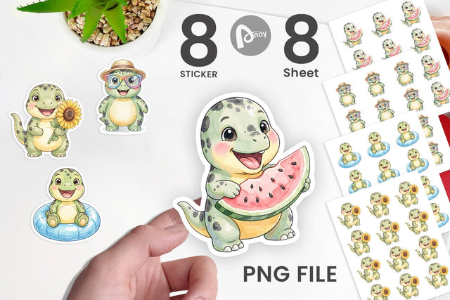 Sticker Chubby Summer Dinosaur Watercolor Sublimation artnoy 