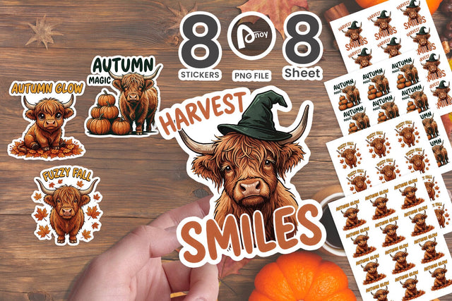 Sticker Cozy Autumn Harvest Highland Cows Quotes Sublimation artnoy 
