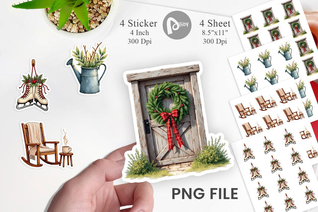 Sticker Cozy Farmhouse Christmas Decor Watercolor Sublimation artnoy 