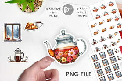 Sticker Cozy Winter Cafe Watercolor Sublimation artnoy 