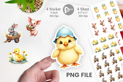Sticker Cute Baby Farm Animals Easter Watercolor Sublimation artnoy 