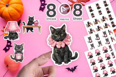 Sticker Cynical Black Cat Pink Retro Watercolor Sublimation artnoy 