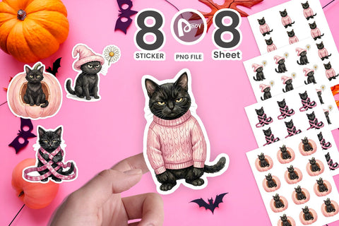 Sticker Cynical Black Cat Pink Retro Watercolor Sublimation artnoy 