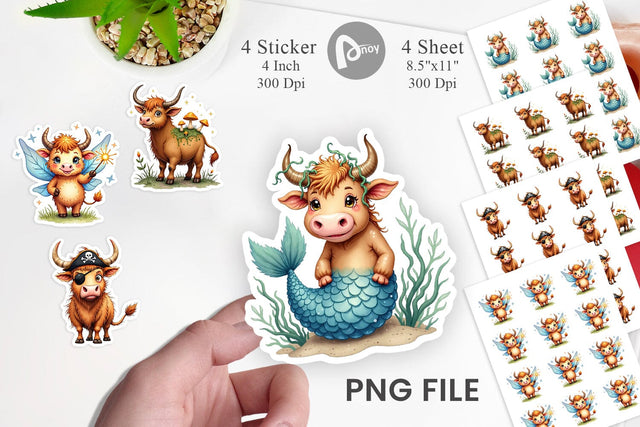 Sticker Enchanted Highland Cows UglyCute Fantasy Watercolor Sublimation artnoy 