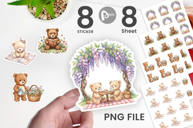 Sticker Floral Garden Teddy Bear Watercolor Sublimation artnoy 