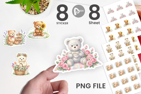 Sticker Floral Garden Teddy Bear Watercolor Sublimation artnoy 