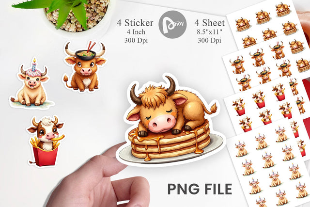 Sticker Foodie Highland Cow UglyCute Watercolor Treats Sublimation artnoy 