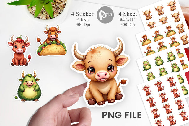 Sticker Foodie Highland Cow UglyCute Watercolor Treats Sublimation artnoy 