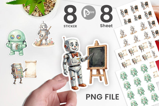 Sticker Friendly Retro School Robot Watercolor Sublimation artnoy 